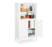 Relaxdays Armoire de salle de bain sur pied LAMELL en bambou blanc meuble de rangement cuisine HxlxP: 92 x 50 x 25,5 cm