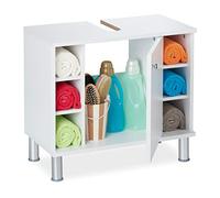 Relaxdays Armoire Dessous de lavabo, Une Porte, 7 Compartiments, Encoche Siphon, Salle de Bain MDF, 53,5x60x32 cm, Blanc