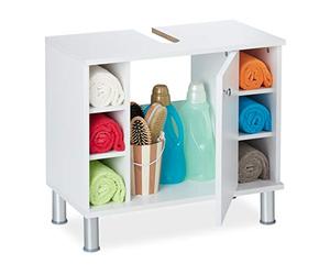Relaxdays Armoire Dessous de lavabo, Une Porte, 7 Compartiments, Encoche Siphon, Salle de Bain MDF, 53,5x60x32 cm, Blanc