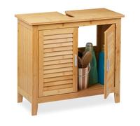 Relaxdays Armoire dessous lavabo bambou, 60x67x30 cm, 1 grand compartiment, 2 portes, magnétique, salle de bain, nature