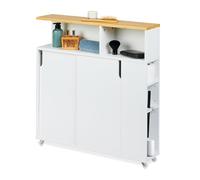 Relaxdays Armoire étroite, roulettes, 6 Compartiments, Porte-Brosse WC, HLP : 79 x 17 x 75cm, MDF, Bambou, Blanc/Naturel