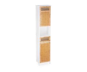 Relaxdays Armoire Haute Salle de Bain, 2 Portes 1 Tiroir, Colonne SDB HxLxP: env. 180x39x30 cm, Bois Bambou Blanc-Nature