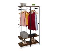 Relaxdays Armoire ouverte cintre, armoire avec étagères, crochets et barre, 180 x 94,5 x 40 cm, MDF et fer, noir marron, fibre de bois
