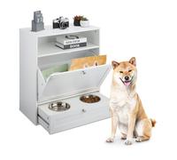 Relaxdays Armoire pour Chien avec tiroir et 2 Bols, Compartiment Nourriture, MDF Blanc, 68x60x33 cm