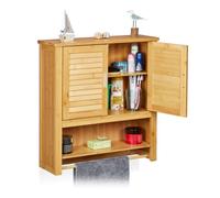 Relaxdays 10019204 Armoire pour salle de bain LAMELL Meuble mural Porte-serviettes 2 portes Étagère Bambou Rangement Fixation murale, nature 66 x 62 x 20 cm