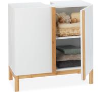 Relaxdays Meuble Dessous de Lavabo, Bambou, Meuble Sous Vasque, Evier salle de bains, HxLxP 61 x 60 x 30cm, blanc/nature