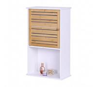 Relaxdays Armoire Suspendue Salle de Bain, 3 Compartiments, H x l x P : 70 x 40 x 20 cm, Armoire avec Porte en Bambou, Armoire Murale étroite, Blanc/Naturel