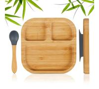 Relaxdays Assiette Bambou Enfant, avec Ventouse, sans BPA, antidérapante, compartimentée, Nature/Gris