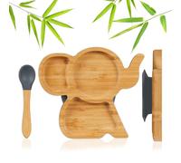 Relaxdays Assiette Bambou pour Enfants avec Ventouse, sans BPA, antidérapante, éléphant, Coloris Naturel/Gris
