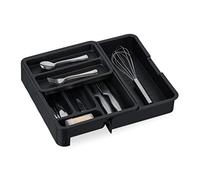 Relaxdays Bac à Couverts Extensible, Bambou, H x L x P : 6,5 x 23,5-40 x 31,5 cm, 7 Compartiments, en Plastique, Noir