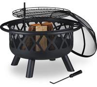 Relaxdays Brasero avec grillage, avec protection étincelles & tisonnier, terrasse, D 75 cm, jardin et terrasse, noir