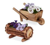 Relaxdays Bac pour Plantes, en Bois, Jeu de 2, brouette et Demi tonneau Fleurs