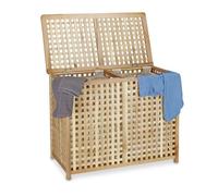 Relaxdays Panier à linge double en noyer avec couvercle, 2 compartiments, 2 sacs lin blancs