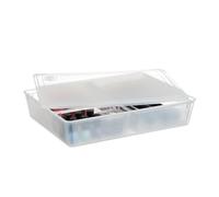 Relaxdays Bac de Rangement avec Couvercle, HxLxP : 7x32x24,5 cm, 3 Compartiments, cosmétiques, Plastique, Transparent