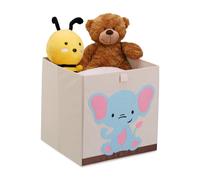 Relaxdays Bac de Rangement pour Enfants, Motif éléphant, HxLxP : 33x33x33 cm, boîte Tissu, Panier à Jouets, Beige/Bleu