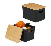 Relaxdays, Bac de Rangement, Lot de 2, Coffre en Plastique et Couvercle en Bambou, HLP 16 x 26 x 17,5 cm, Noir et Nature