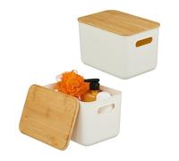 Relaxdays, Bac de Rangement, Lot de 2, Coffre en Plastique et Couvercle en Bambou, HLP 16 x 26 x 17,5 cm, Blanc & Nature