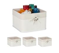 Relaxdays Lot de 4 paniers de rangement en bambou avec insert en tissu, H x P : 20 x 31 x 31 cm, panier avec trou de préhension, panier d'étagère, blanc