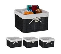 Relaxdays Lot de 4 paniers de rangement en bambou avec insert en tissu, H x l x P : 20 x 31 x 31 cm, trou de préhension, panier d'étagère, noir/blanc