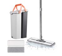 Relaxdays Balai Plat, Seau 6,5 L avec essorage, 2 Compartiments, Gris | H x L x P : 45,5 x 22 x 29 cm, 2 pads microfibre