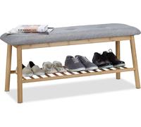 Relaxdays Banc à chaussures en bambou pour 4 paires banquette coussin rembourré 2 places, nature-gris