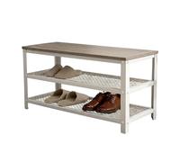 Relaxdays Banc à Chaussures 6 Paires, 2 étagères grillagées, Assise Bois Clair, 45x73x30 cm, Marron Clair/Blanc