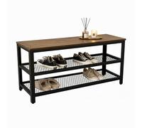 Relaxdays Banc à Chaussures 8 Paires, 2 étagères Grille, Imitation Bois, Brun/Noir, H45xL100xP30 cm