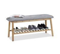 Relaxdays Banc à chaussures en bambou pour 4 paires banquette coussin rembourré 2 places, nature-gris