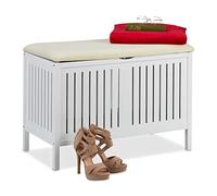 Relaxdays Banc rembourré avec Compartiment 80 l-Style Maison de Campagne-Bois-Coffre de rangement-56 x 78 x 39 cm-Blanc Espace campagnard, Caisse siège HxlxP 56, Plaque de Fibres, 1 pièce