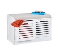 Relaxdays Banc avec espace rangement, 2 paniers, banc cuisine rembourré, style campagnard, commode,HxlxP44x72x35cm,blanc