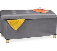 Relaxdays Banquette de Rangement, Couvercle matelassé, revêtement Velours, Pieds en Bois, HLP : 34x76x38 cm, Anthracite