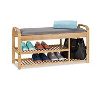 Relaxdays Banc Chaussures avec siège, Espace de Rangement, rembourré, Bas, en Bambou, HxlxP 50x100,5x33 cm, Gris/Nature