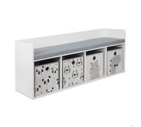 Relaxdays banc de lecture pour enfant avec rangement, H54×L142×P32 cm, 4 boîtes, motifs animaux, coussin, blanc/gris