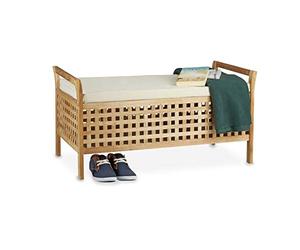Relaxdays Banc de rangement en bois de noyer banquette assise coffre de rangement meuble à chaussure commode coussin HxlxP: 46,5 x 92,6 x 49 cm, blanc et couleur naturelle