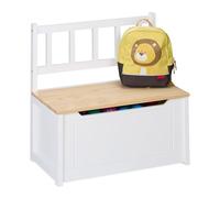Relaxdays Banc pour Enfant avec Espace de Rangement, Couvercle Rabattable, Dossier, H x l x P : 55 x 57 x 31 cm, Coffre à Jouets, Blanc/Naturel