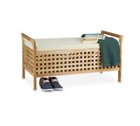 Relaxdays Banc de rangement spacieux, bois, coussin en lin, H x L x P : 46,5 x 92,6 x 49 cm, nature et blanc