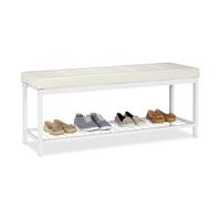 Relaxdays Banc Range-Chaussures XXL Ouvert Coussin Moelleux Similicuir Support Grillage Métal 49x115x40cm Blanc