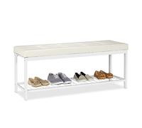 Relaxdays Banc Range-Chaussures XXL Ouvert Coussin Moelleux Similicuir Support Grillage Métal 49x115x40cm Blanc
