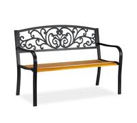 Relaxdays Banc de jardin, 2 sièges, balcon, terrasse, bois, métal, rustique, H x L x P : 86,5 x 127 x 59 cm, brun/noir