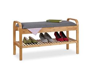 Relaxdays Banquette à Chaussures, 4 Paires, HxLxP 50x90x33 cm, Assise matelassée, Espace Rangement, Bambou, Nature/Gris