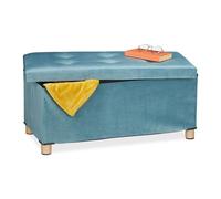 Relaxdays Banquette de Rangement, Couvercle matelassé, revêtement Velours, Pieds en Bois, HLP : 34x76x38 cm, Turquoise