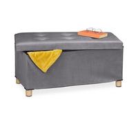 Relaxdays Banquette de Rangement, Couvercle matelassé, revêtement Velours, Pieds en Bois, HLP : 34x76x38 cm, Anthracite