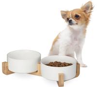 relaxdays Bar à gamelle pour chiens en céramique avec support en bambou
