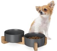 relaxdays Bar à gamelle pour chiens en céramique avec support en bambou
