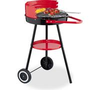 Relaxdays Barbecue au Charbon de Bois avec roulettes, Ø 42 cm, Barbecue de Pique-Nique, Jardin et Parc, Grill, Pare-Vent, Rond, Noir/Rouge