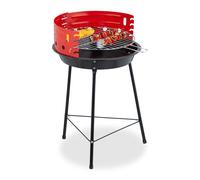 Relaxdays Barbecue Charbon de Bois tripode, Ø 42 cm, Grill Rond sur 3 Pieds, Protection Contre Le Vent, Noir/Rouge