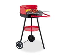 Relaxdays Barbecue Charbon de Bois avec roulettes, Ø 42 cm, Grill Rond sur Roues, Protection Contre Le Vent, Noir/Rouge