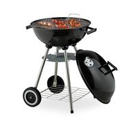Relaxdays Barbecue Bouilloire, Ø 44 cm, Grille de Cuisson, récupérateur de Cendres, Barbecue à Charbon sur roulettes, Jardin et terrasse, Noir, Acier, Plastique, Acier Inoxydable