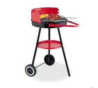 Relaxdays Barbecue charbon de bois avec roulettes, Ø 42 cm, Grill rond sur roues, Protection contre le vent, noir/rouge