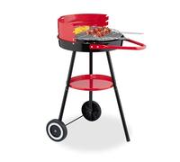 Relaxdays Barbecue Charbon de Bois avec roulettes, Ø 42 cm, Grill Rond sur Roues, Protection Contre Le Vent, Noir/Rouge